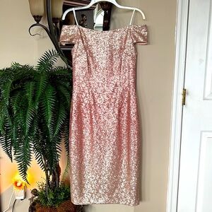 Vince Camuto Off Shoulder Coral Pink Ombre Sequin Dress Midi Sparkly Party